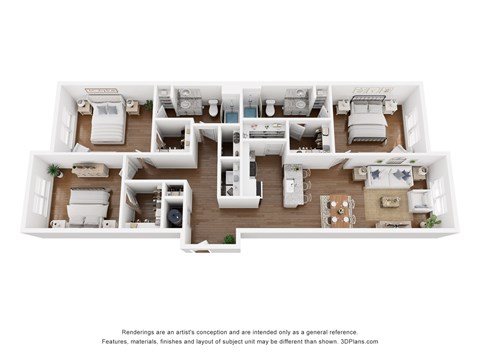 A 3D floor plan of a house with a kitchen, living room, and two bedrooms.